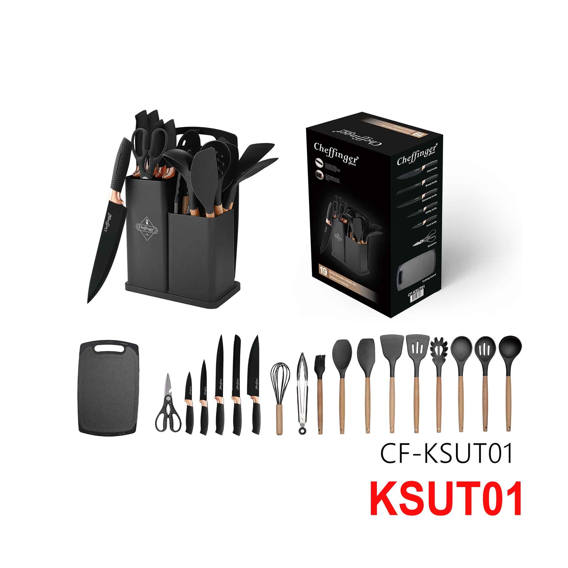 KSUT01-19-tlg Messerset & Küchenhelfer Kochbesteck Set Silikon Holzgriff Schneidebrett