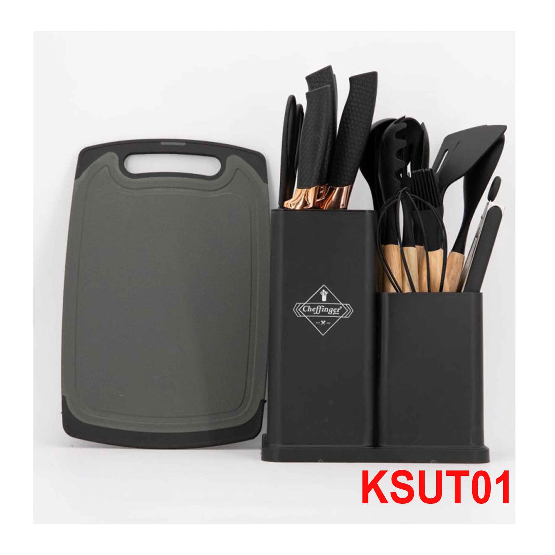 KSUT01-19-tlg Messerset & Küchenhelfer Kochbesteck Set Silikon Holzgriff Schneidebrett