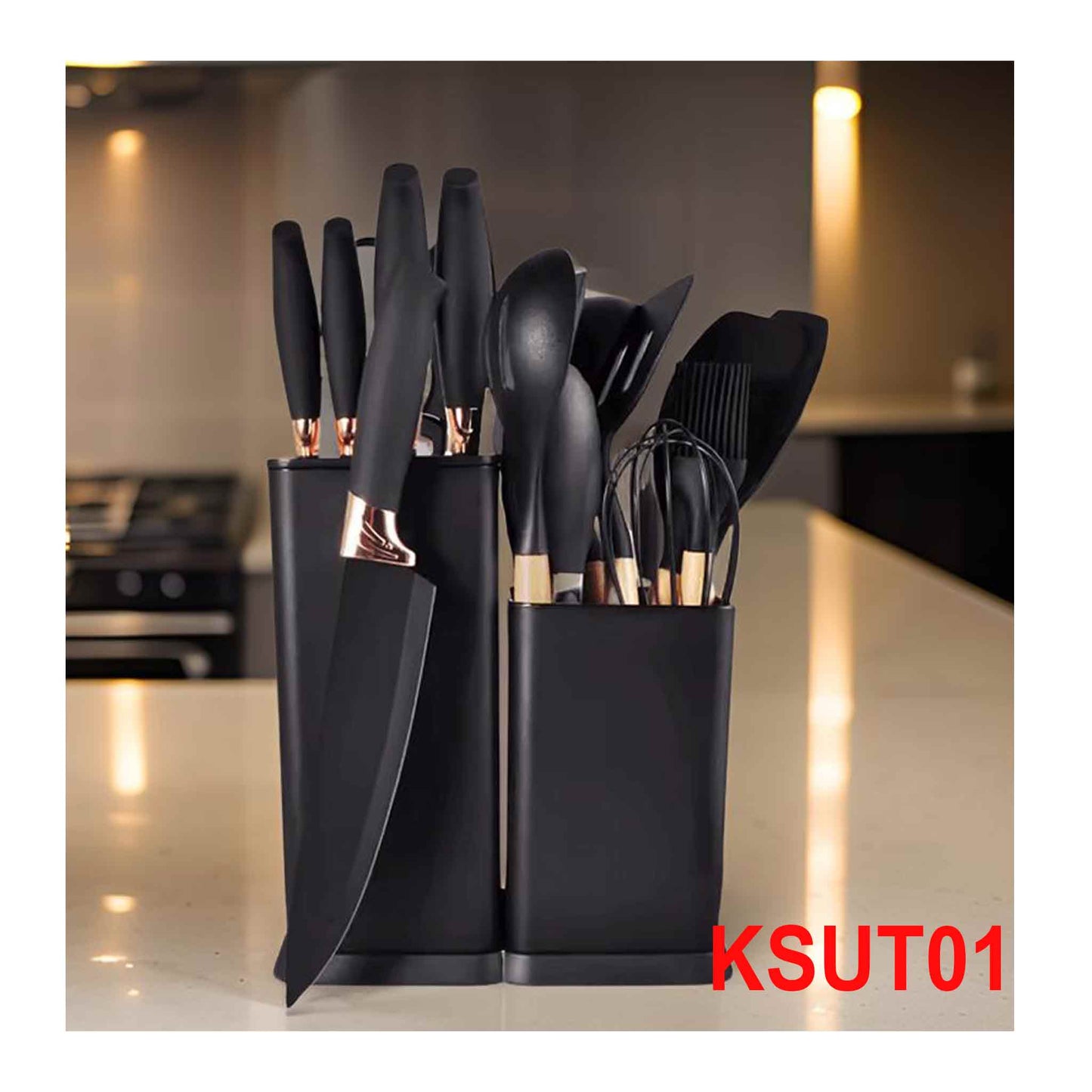 KSUT01-19-tlg Messerset & Küchenhelfer Kochbesteck Set Silikon Holzgriff Schneidebrett