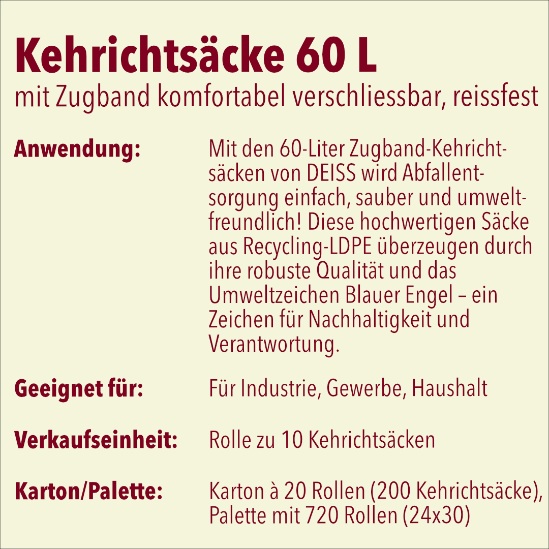 Kehrichtsäcke 60l mit Zugband, Palette mit 720 Rollen (24 x 30)
