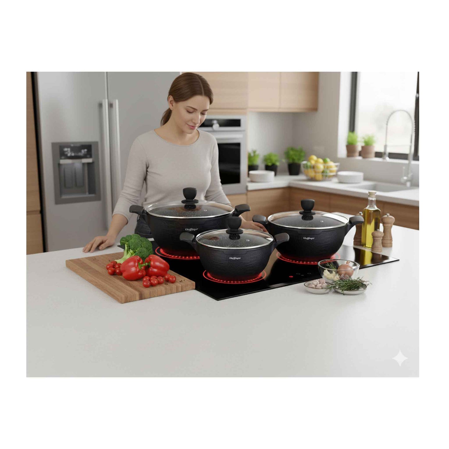 LC01- Kochtopfset 20-24-28cm 6-tlg Topf Induktion Alu Guss  Geschirr
