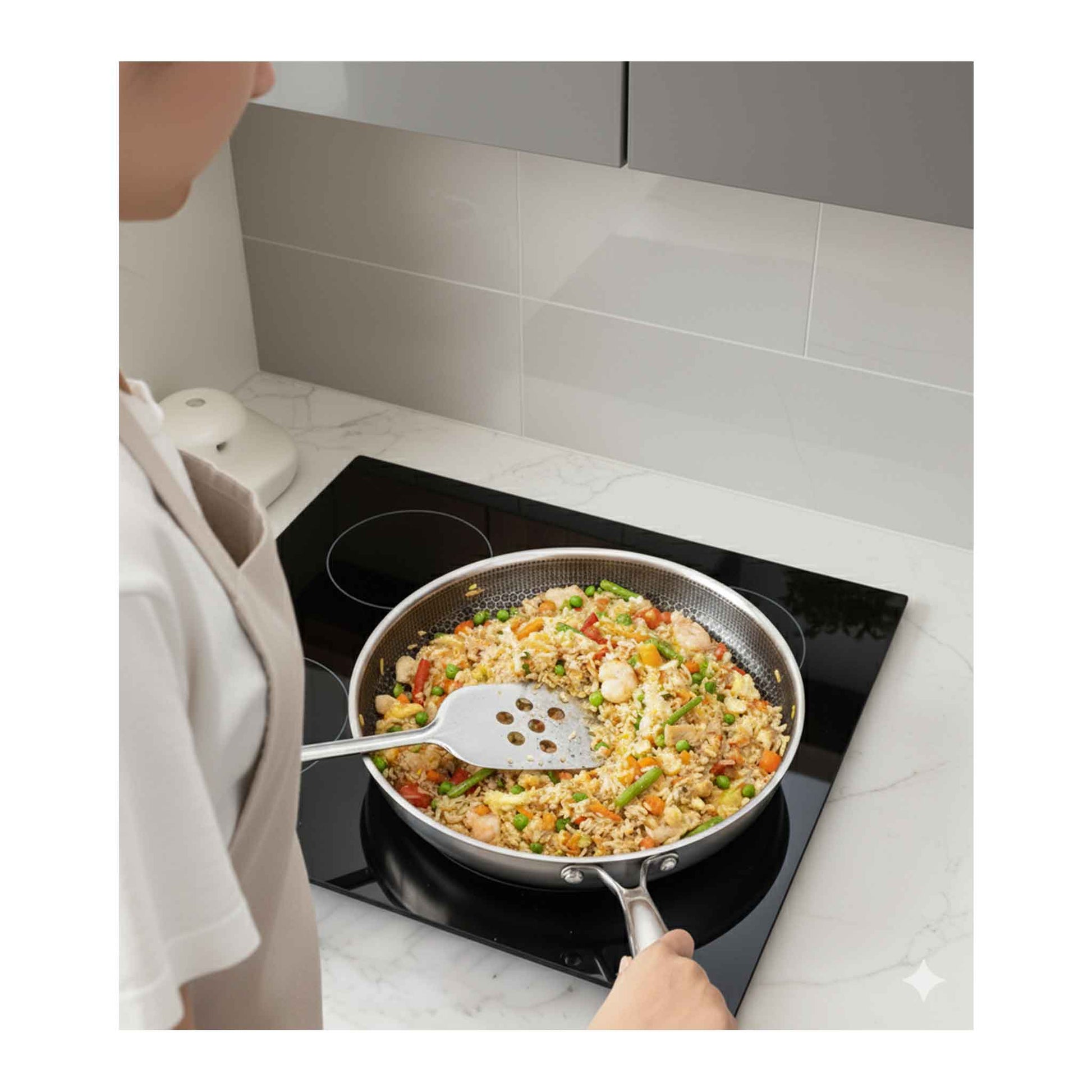 PDF28-Bratpfanne mit Deckel Ø28 cm – Edelstahl 18-10 mit Wabenstruktur, Induktion geeignet & kratzfest