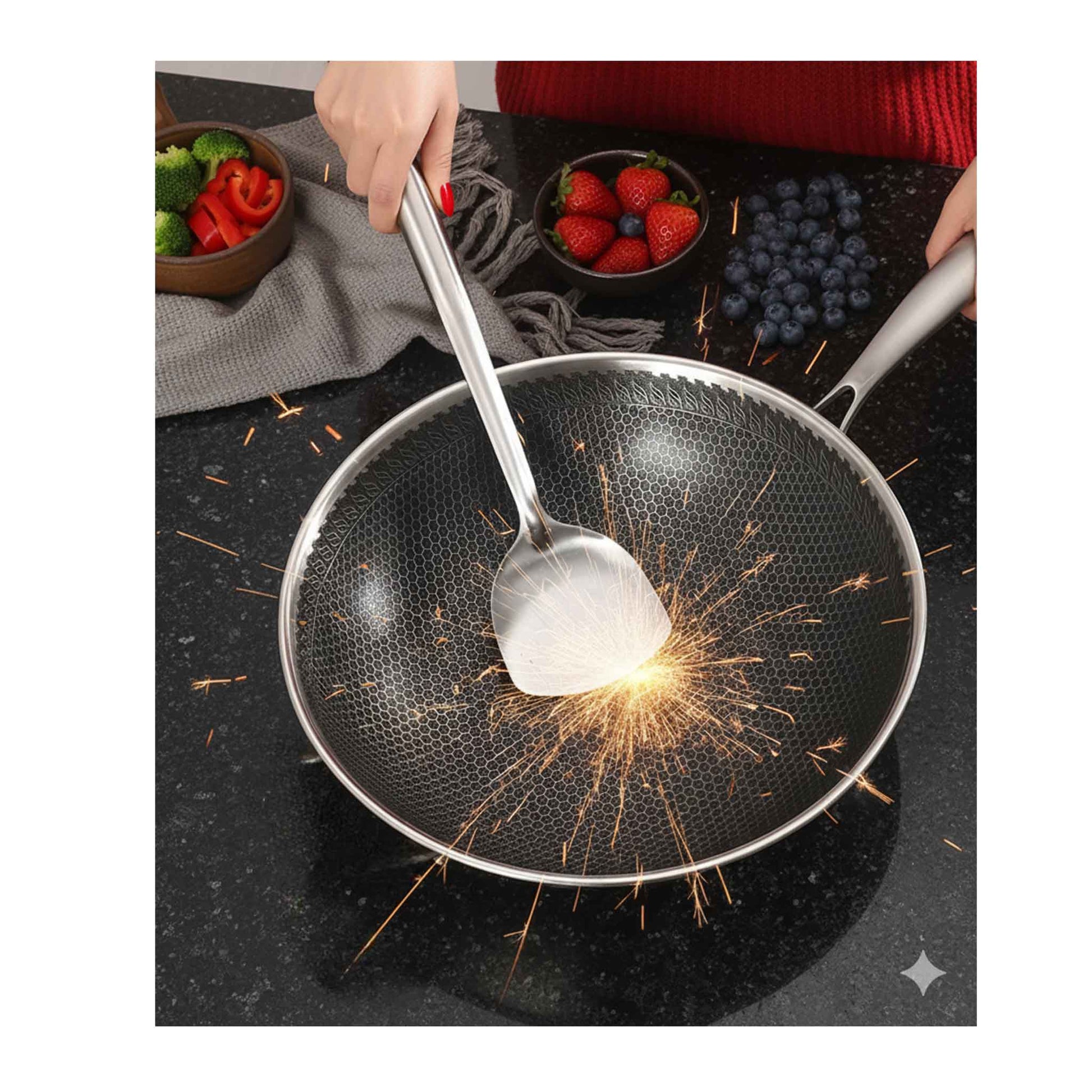 PDF28-Bratpfanne mit Deckel Ø28 cm – Edelstahl 18-10 mit Wabenstruktur, Induktion geeignet & kratzfest
