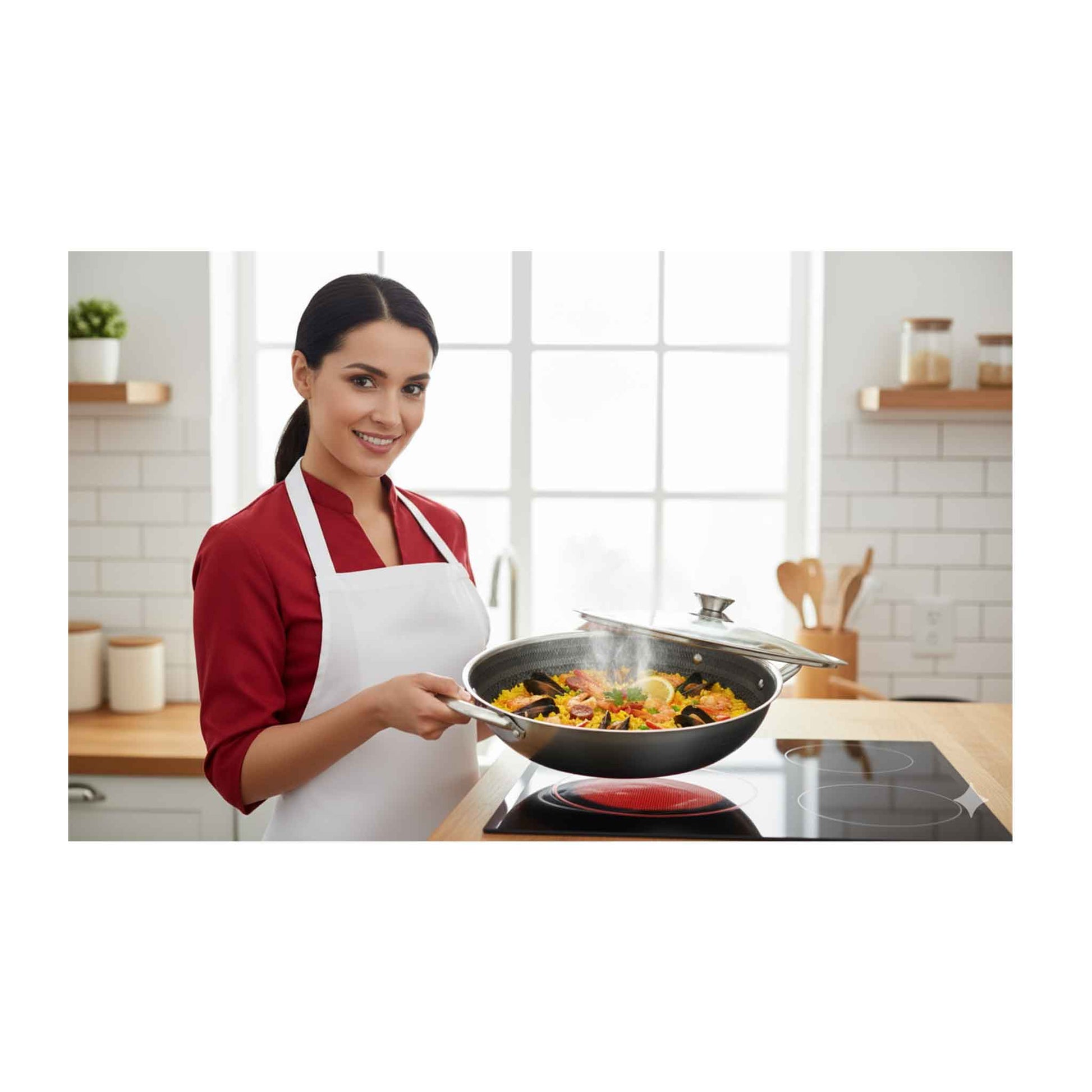 PW32-Wok Topf 32cm Edelstahl Wabenstruktur Ø32cm Induktion Anti Haft  Kratzfest Rostfrei