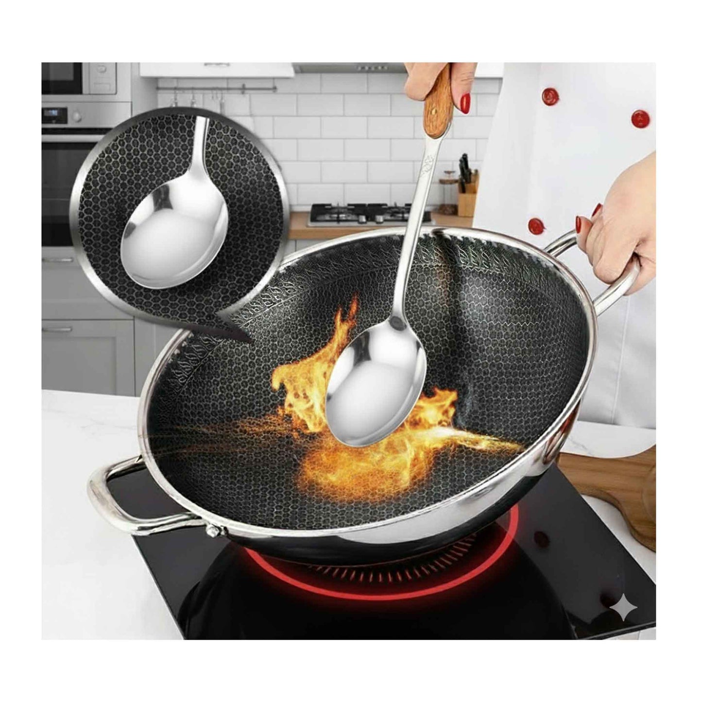 Mit dieser Wok Pfanne / Topf können Sie die köstlichsten Gerichte zubereiten.

Die Pfanne besteht aus feinem massivem Edelstahl und ist in einer Waben
Struktur welche Kratzfest ist.

Es kann für alle Arten von Wärmequellen verwendet werden.