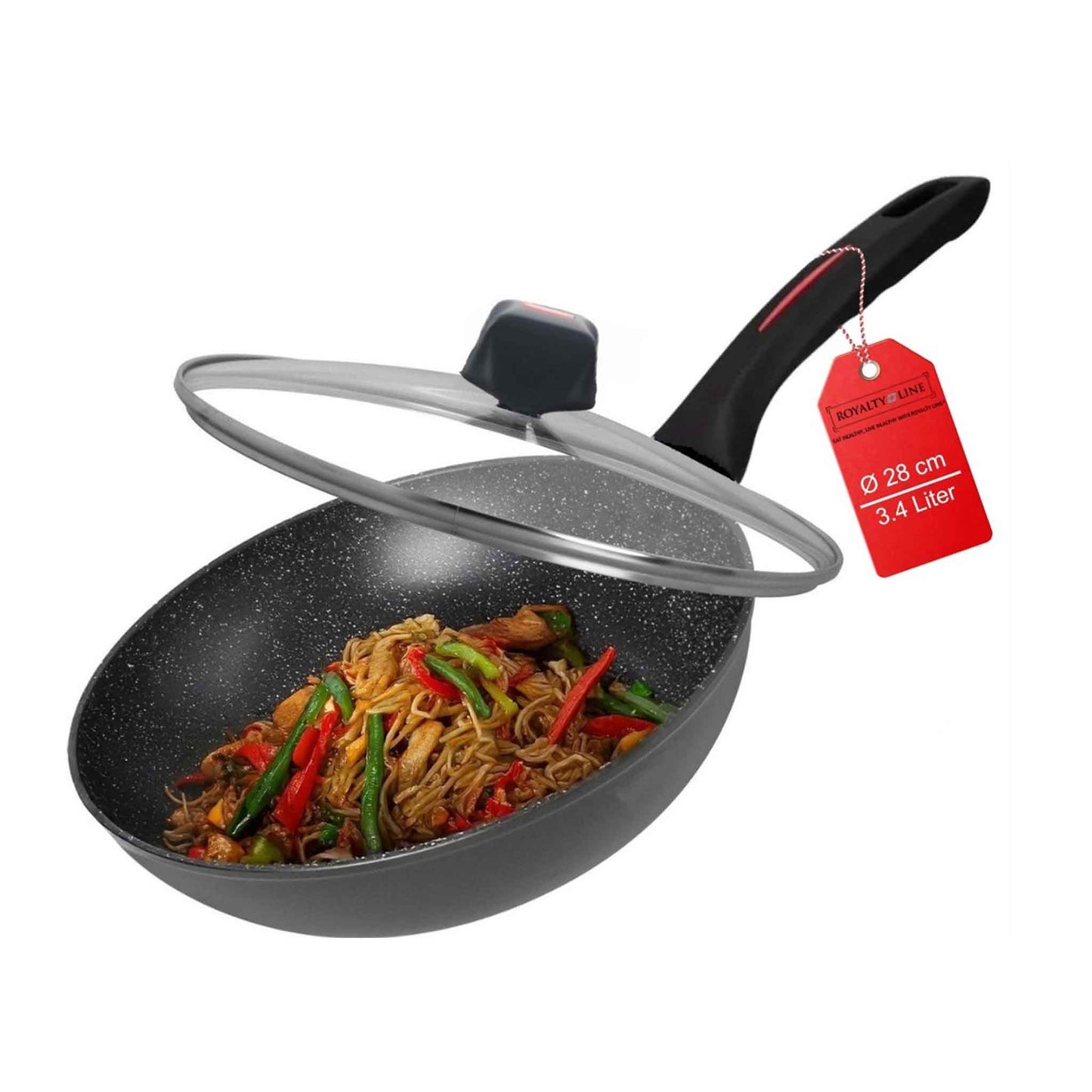 Royalty Line® FWN28 Induktionswok – Ø 28 cm / 3,4 Liter – Wokpfanne für alle Herdarten – Wokpfanne mit Antihaftbeschichtung – PFOA- und PTFE-frei – Wokpfanne mit Deckel – Schwarz