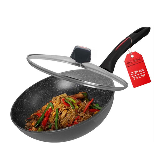 Royalty Line® FWN28 Induktionswok – Ø 28 cm / 3,4 Liter – Wokpfanne für alle Herdarten – Wokpfanne mit Antihaftbeschichtung – PFOA- und PTFE-frei – Wokpfanne mit Deckel – Schwarz