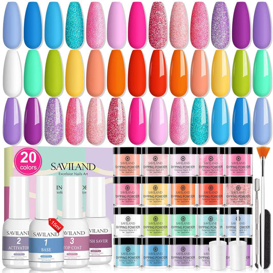 Saviland 29PCS Dipping Powder Nails Set Starter Kit: Langlebig 20 Farben Dip Pulver Dip Liquid Base Top Activator Brush Saver Dip Nagelset French Maniküre Nägel Selber Machen Valentinstags-Geschenke