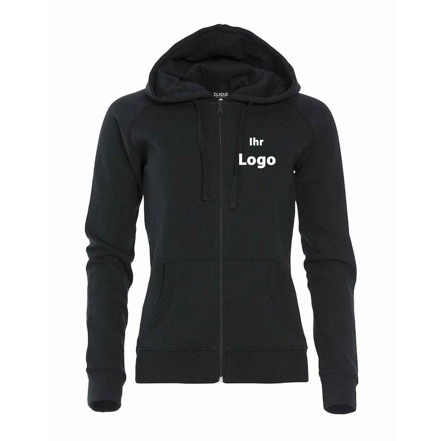 Clique Damen Sweatjacke Mit Kapuze 'Loris Ladies' schwarze hoodie mit Firmenlogo