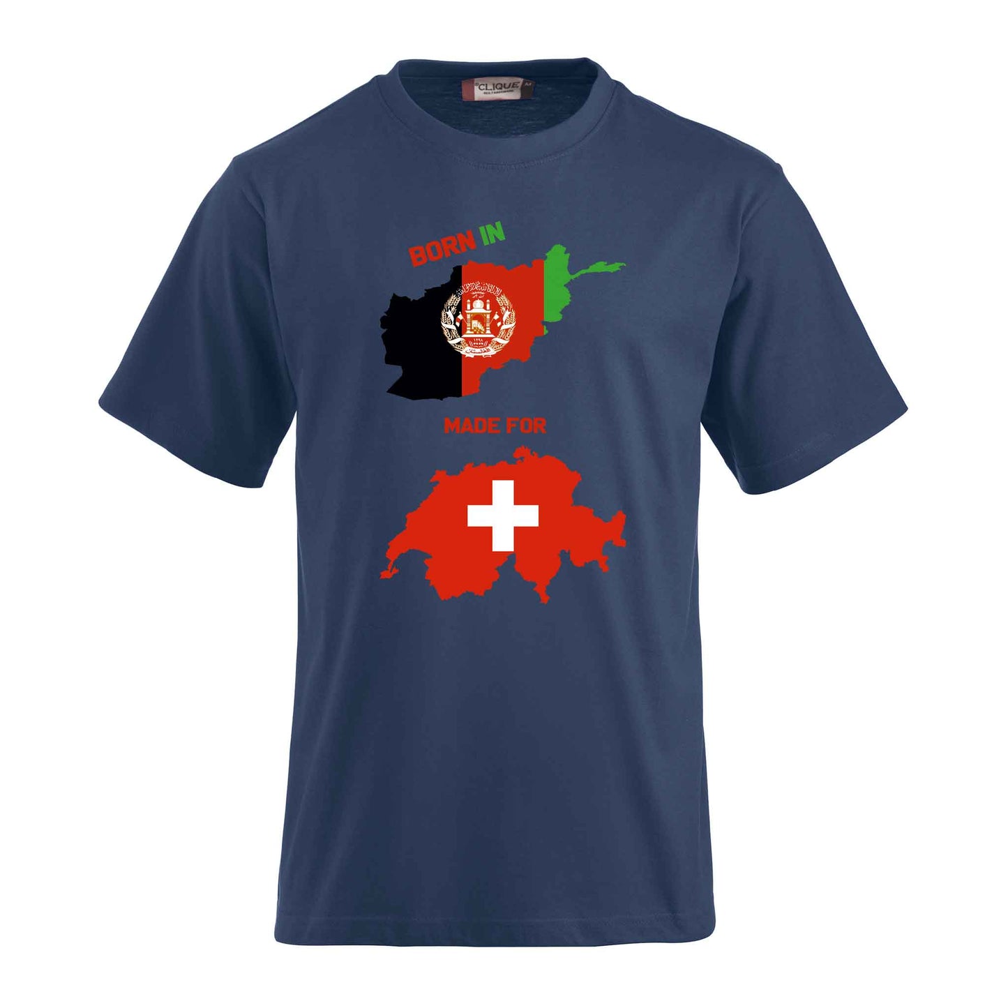 T-Shirt-Druck mit afghanischer und schweizerischer Flagge- Geboren in Afghanistan - gemacht für die Schweiz blau