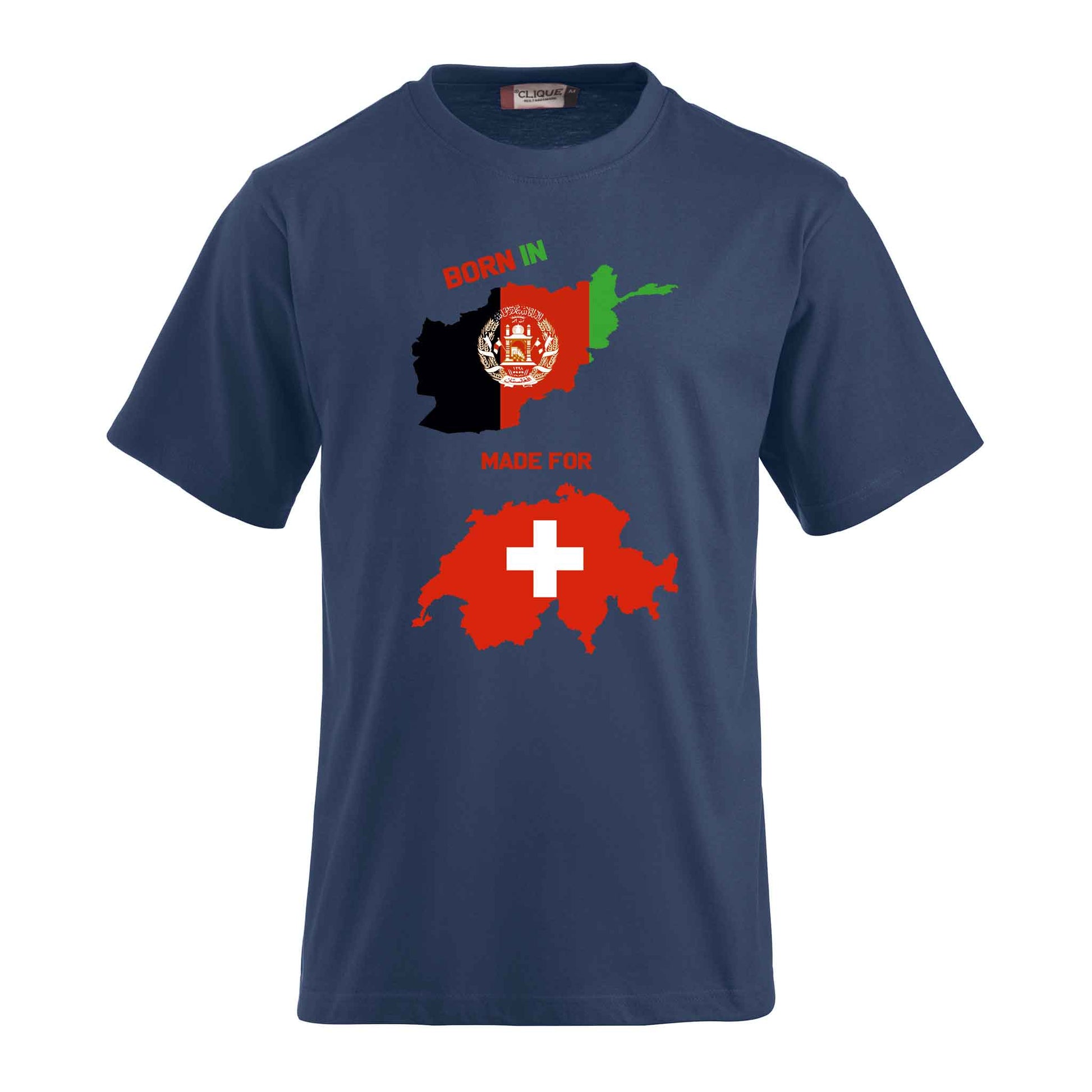 T-Shirt-Druck mit afghanischer und schweizerischer Flagge- Geboren in Afghanistan - gemacht für die Schweiz blau