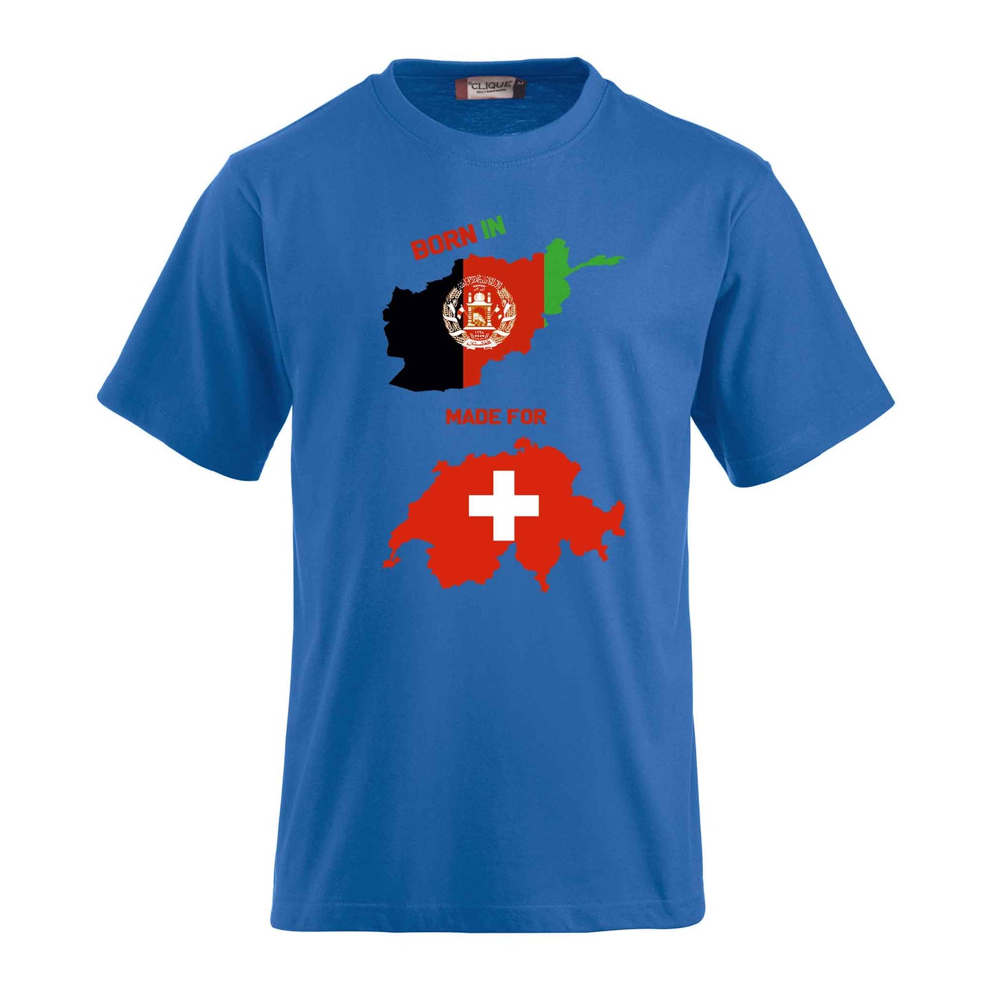 T-Shirt-Druck mit afghanischer und schweizerischer Flagge- Geboren in Afghanistan - gemacht für die Schweiz blau