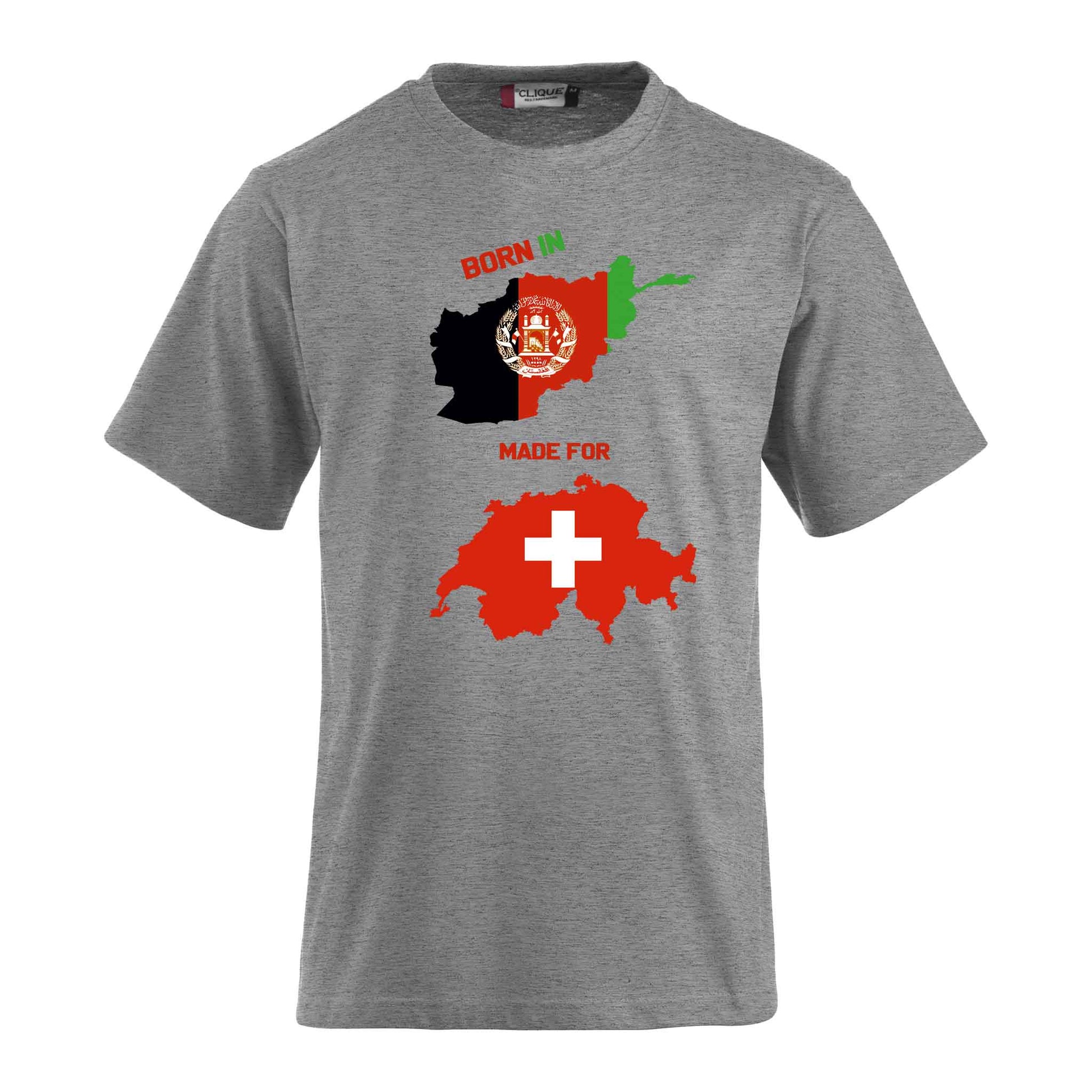 T-Shirt-Druck mit afghanischer und schweizerischer Flagge- Geboren in Afghanistan - gemacht für die Schweiz blau