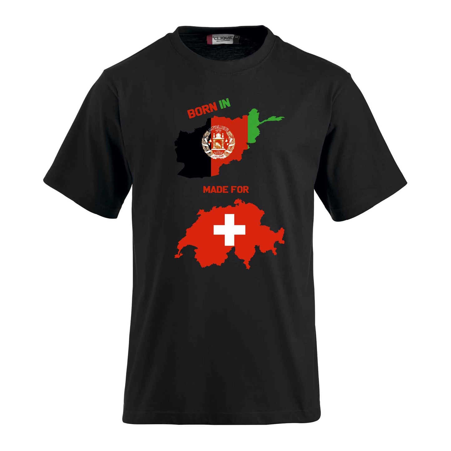 T-Shirt-Druck mit afghanischer und schweizerischer Flagge- Geboren in Afghanistan - gemacht für die Schweiz blau