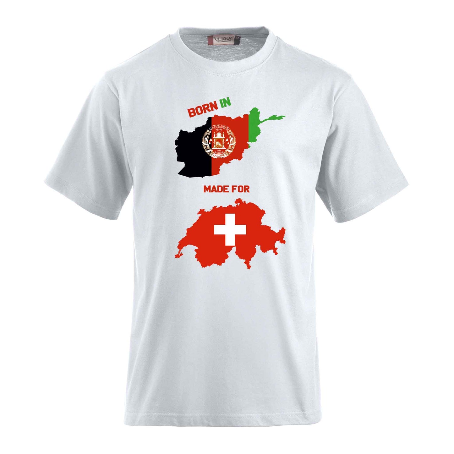 T-Shirt-Druck mit afghanischer und schweizerischer Flagge- Geboren in Afghanistan - gemacht für die Schweiz blau