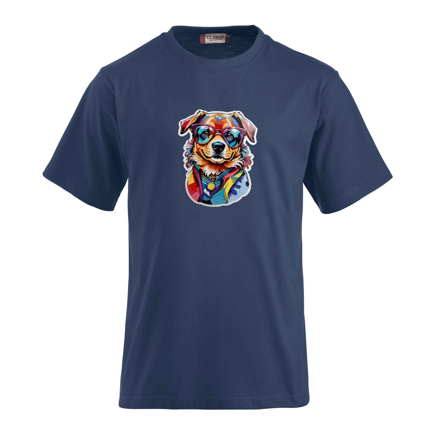 T-Shirt inklusive bedrucktem Motiv eines Hundes mit Brille. Ein individueller Wunschtext kann hinzugefügt werden