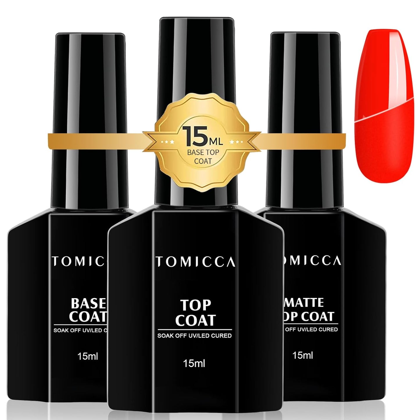 TOMICCA Base und Top Coat Gel UV Nagellack Set, 3 x 15ml Base Coat Top Coat Gel UV, Enthält Matte Top Coat, No Wipe, für alle UV Gel Nagellacke