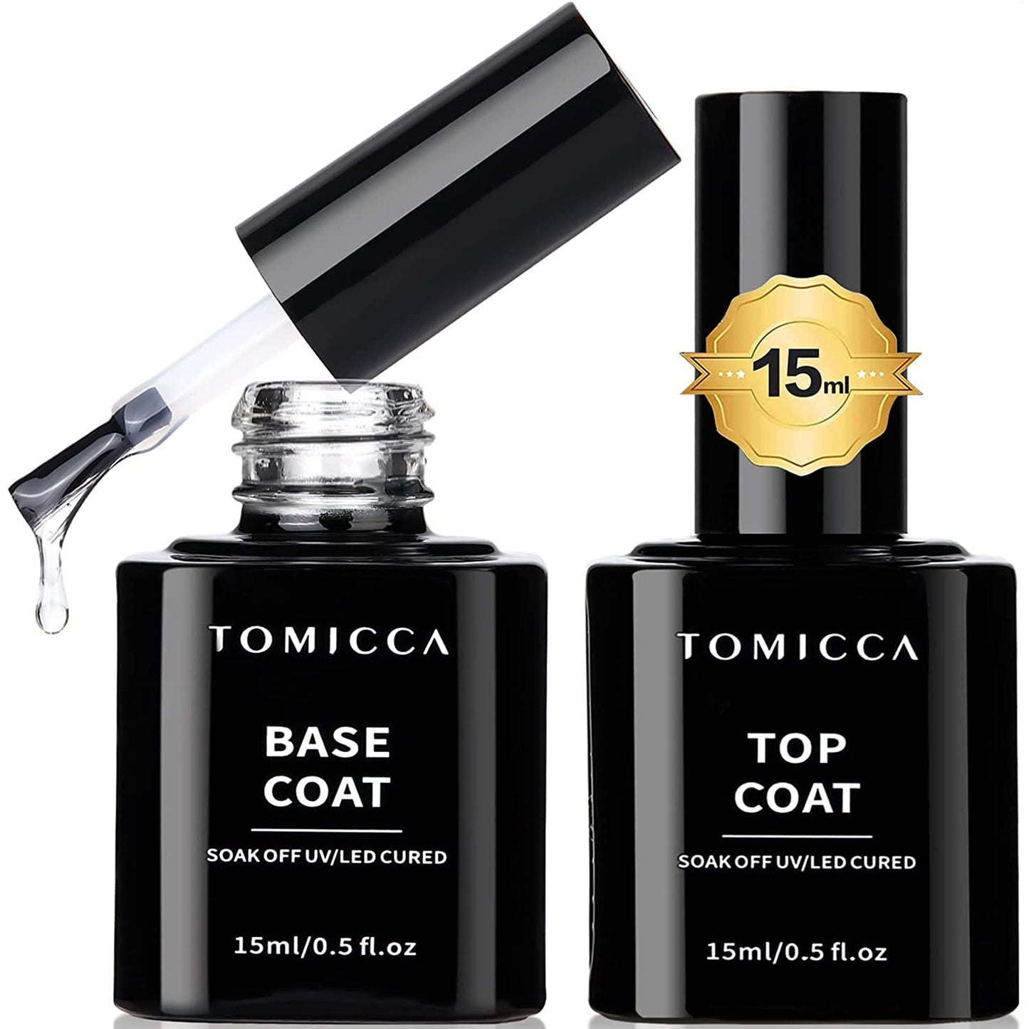 TOMICCA UV Nagellack Set, Base Coat und No-Wipe Top Coat, 2 x 15ml, Soak-Off UV/LED Gel, Ideal für Nagelstudio und DIY Zuhause