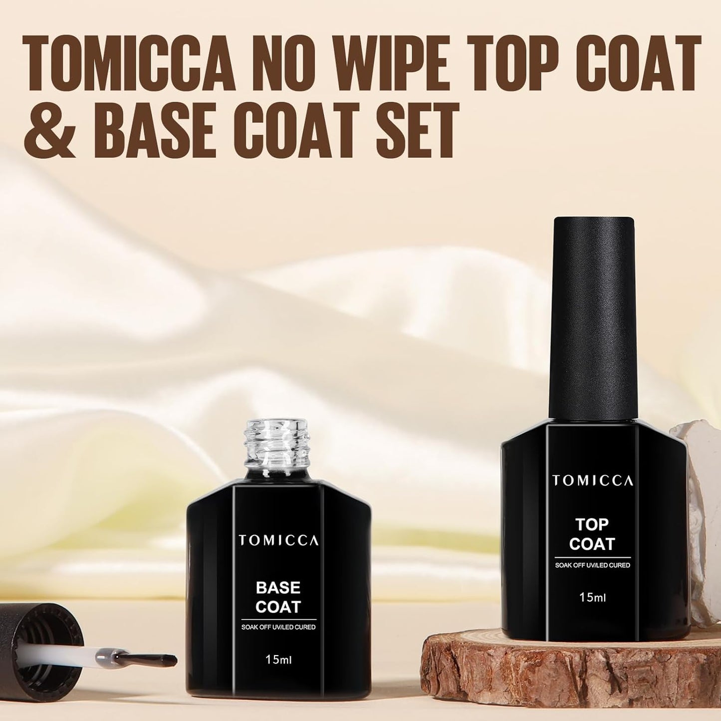 TOMICCA UV Nagellack Set, Base Coat und No-Wipe Top Coat, 2 x 15ml, Soak-Off UV/LED Gel, Ideal für Nagelstudio und DIY Zuhause