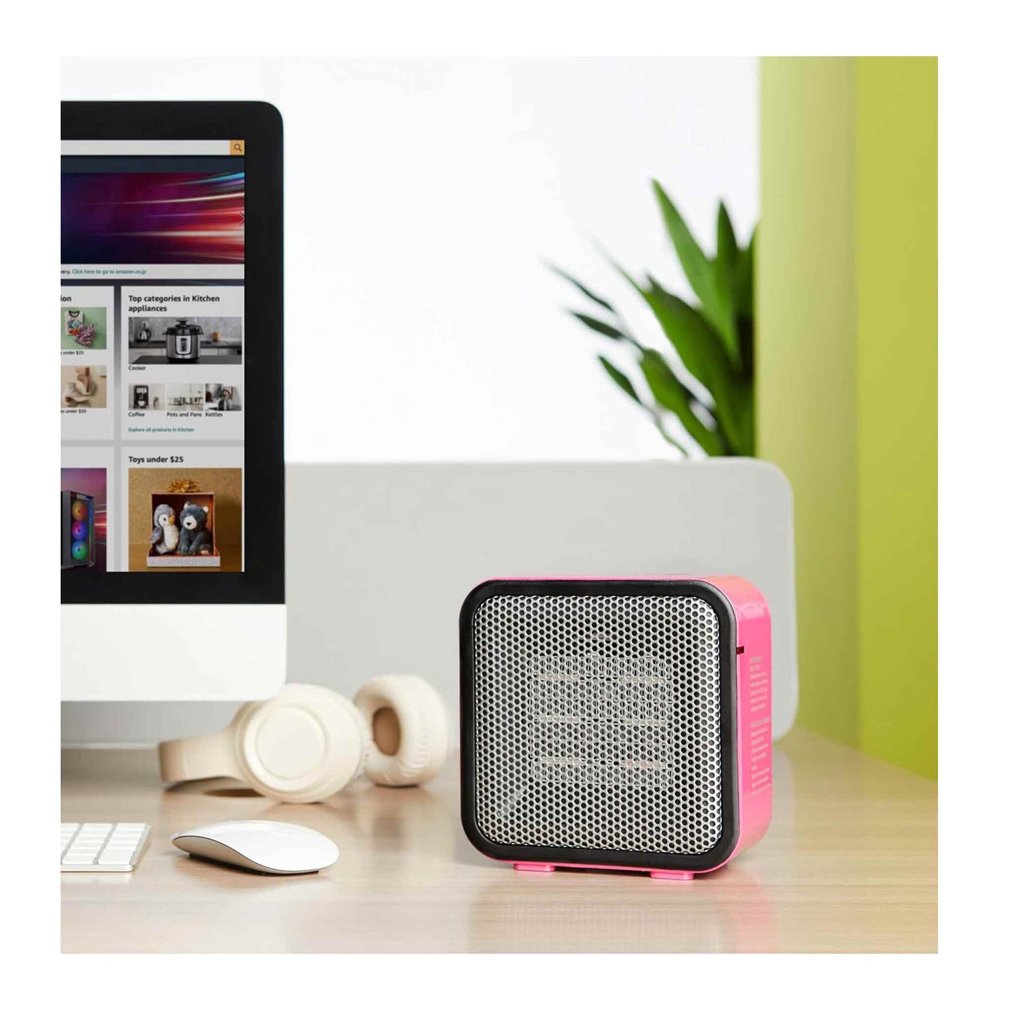 Keramik Raumheizung, Mini Heizung für Büro Schreibtisch, Tragbare Zeltheizung für Camping (Innenbereich), 500W, mit Kippschutz, Leicht (0.6 kg), Pink, 15.0 x 8.1 x 15.2 cm