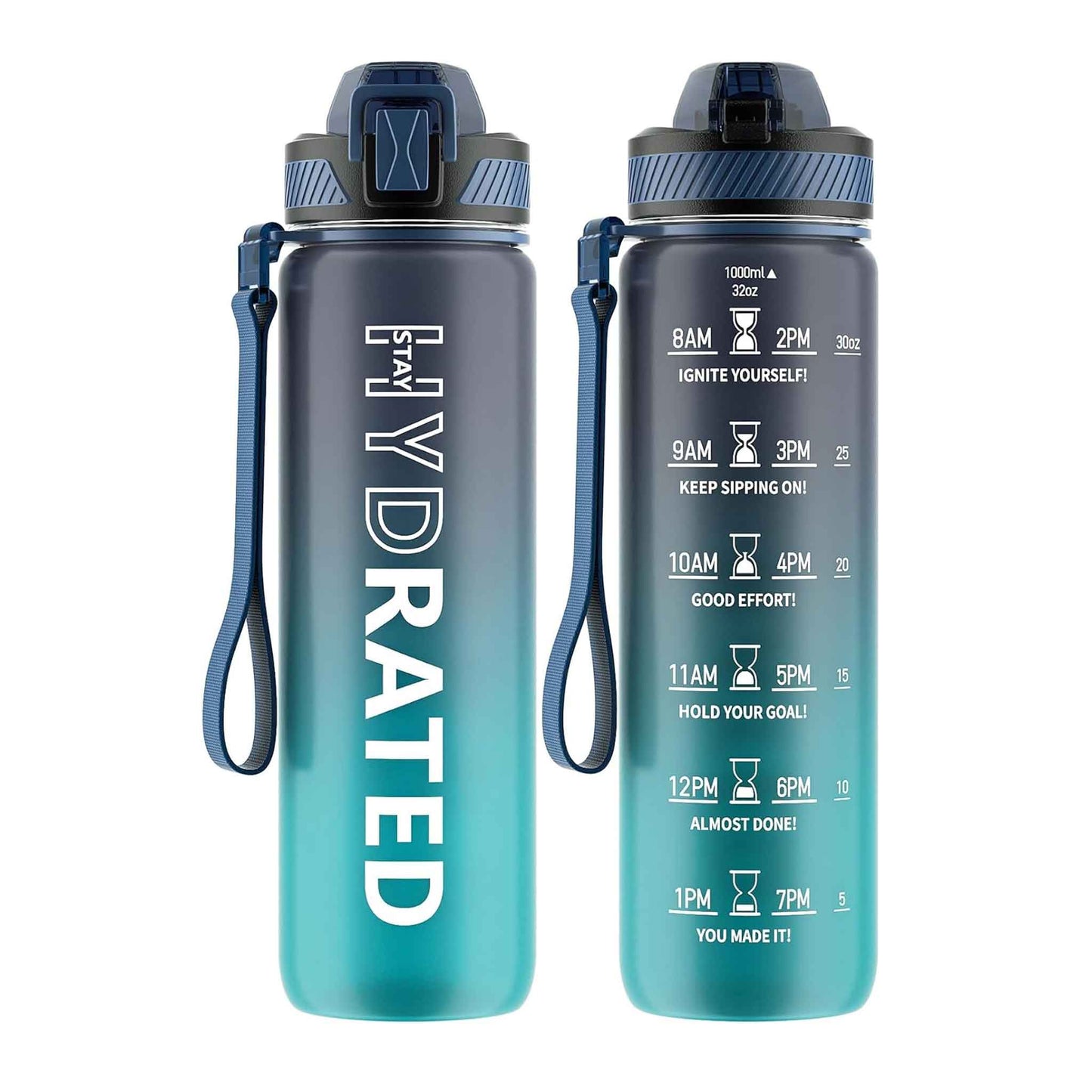 Trinkflasche, 1L BPA-Frei Tritan Wasserflasche mit Strohhalm, Trinkflasche Sport Auslaufsicher mit Zeitmarkierung und Bürste, Sportflasche für Fitness, Schule, Yoga,