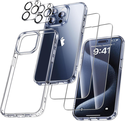 UniqueMe 5-in-1-Set für iPhone 15 Pro Max Hülle, [Nie Vergilbung] Handyhülle für iPhone 15 Pro Max Case Rundumschutz Schutzhülle Cover [1 Handyhülle+2 Schutzfolie+2 Kameraschutz] Transparent