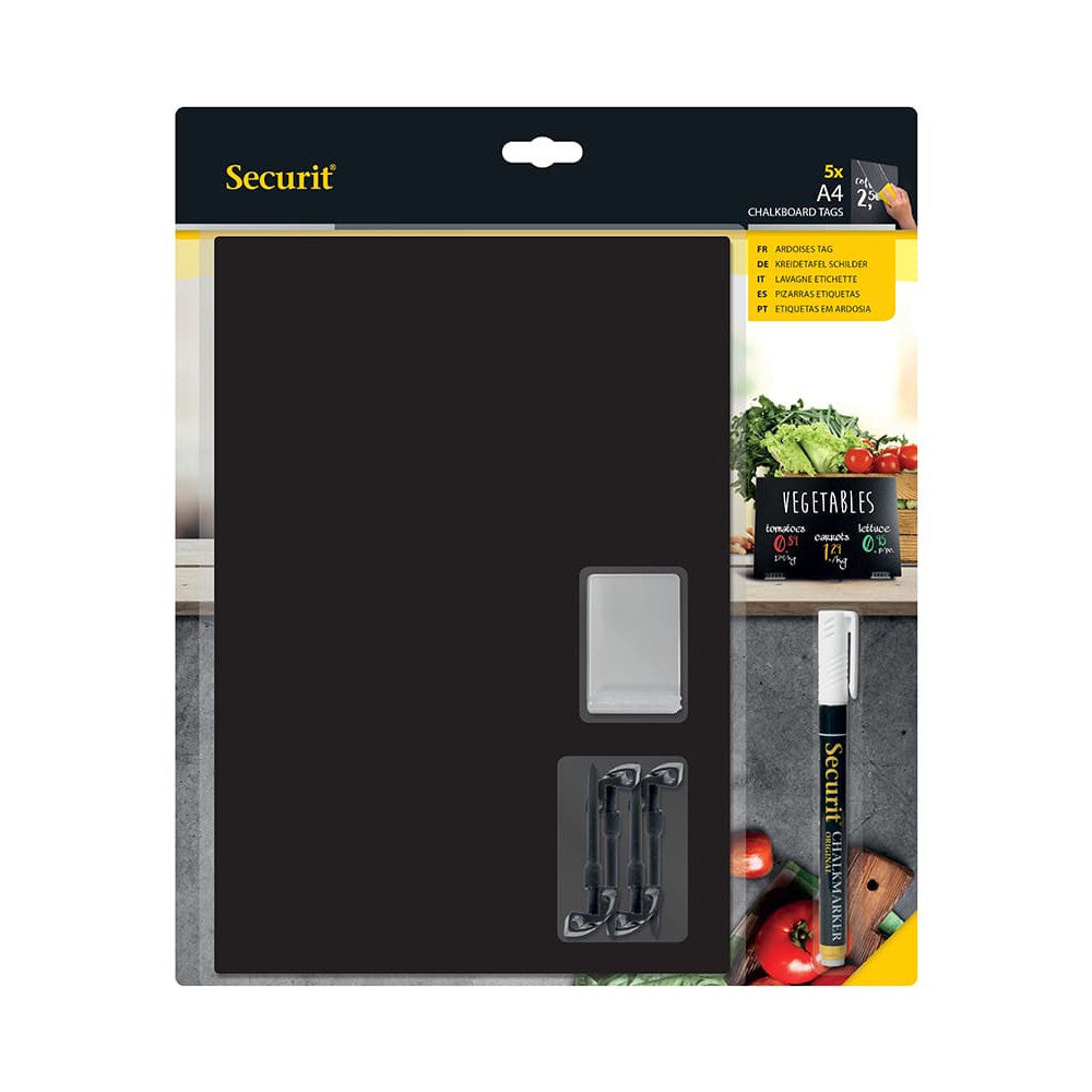 Securit® Kreidetafel TAGs A4 Schwarz, inkl. 1 Securit® Kreidestift, 4 Spikes und 4 transparenten Haltern, 5er Set
