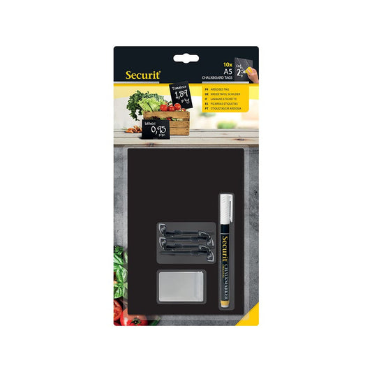 Securit® Kreidetafel TAGs A5 Schwarz, inkl. 1 Securit® Kreidestift, 4 Spikes und 4 transparenten Haltern, 10er Set