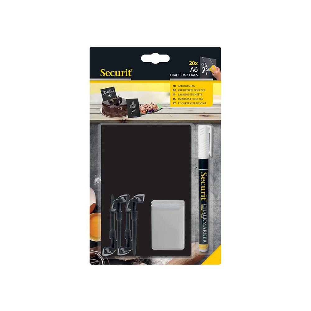 Securit® Kreidetafel TAGs A6 Schwarz, inkl. 1 Securit® Kreidestift, 4 Spikes und 4 transparenten Haltern, 20er Set