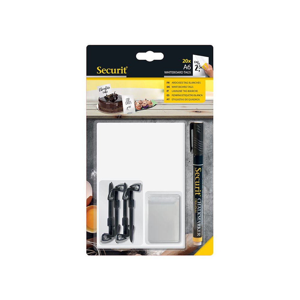 Securit® Kreidetafel TAGs A6 Weiss, inkl. 1 Securit® Kreidestift, 4 Spikes und 4 transparenten Haltern, 20er Set