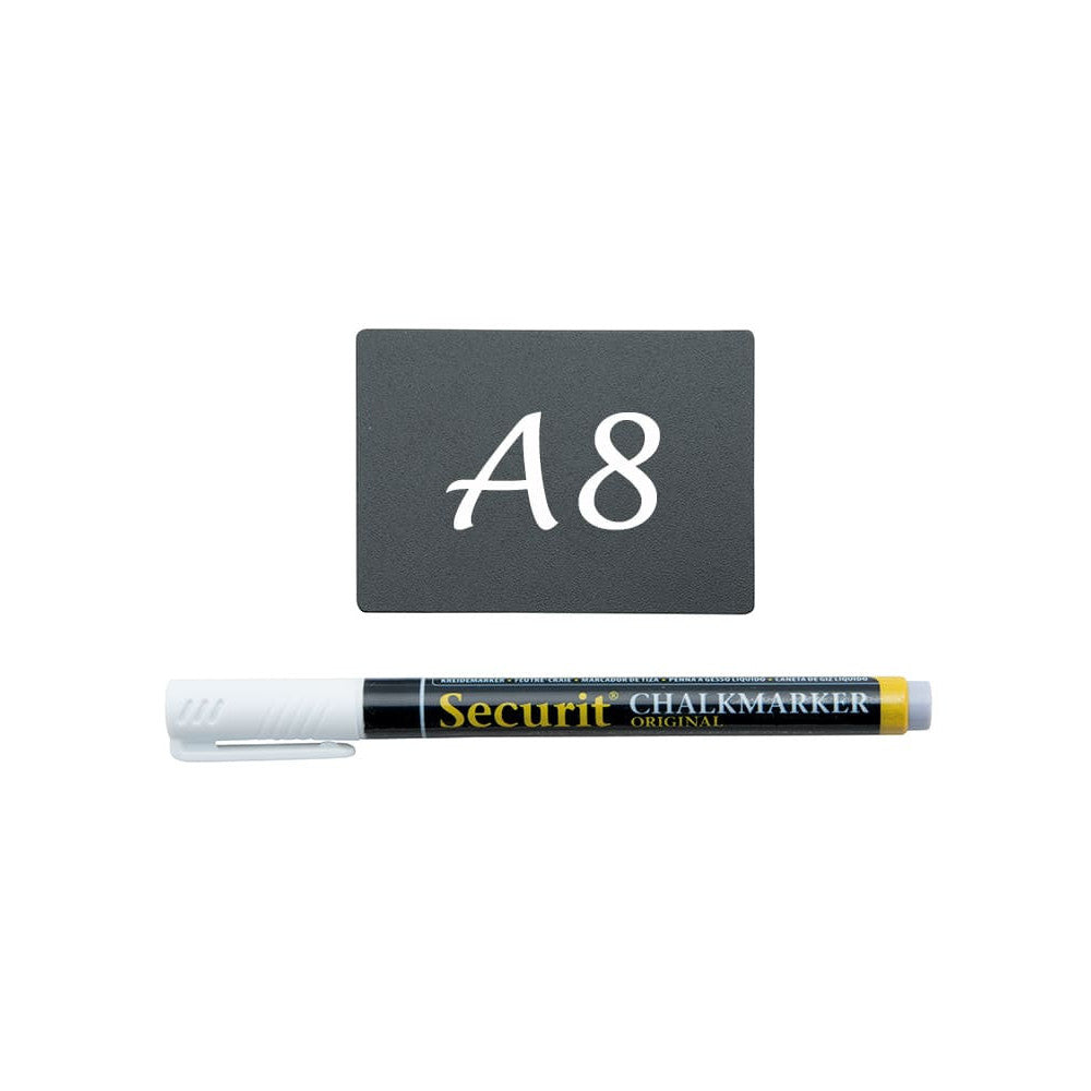 Securit® Kreidetafel TAGs A8 Schwarz, inkl. 1 Securit® Kreidestift, 4 Spikes und 4 transparenten Haltern, 20er Set
