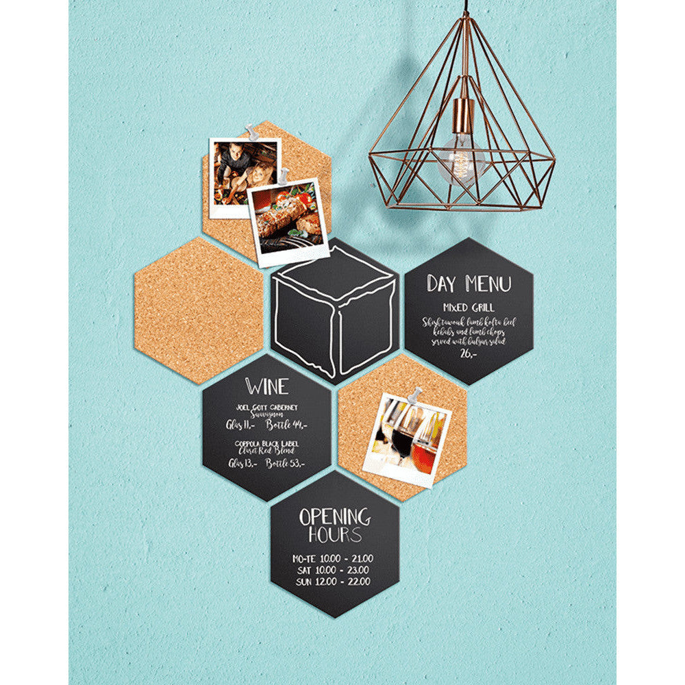 Securit® Wandkreidetafel & Kork Silhouette Hexagon, 7er-Set, 20x23cm