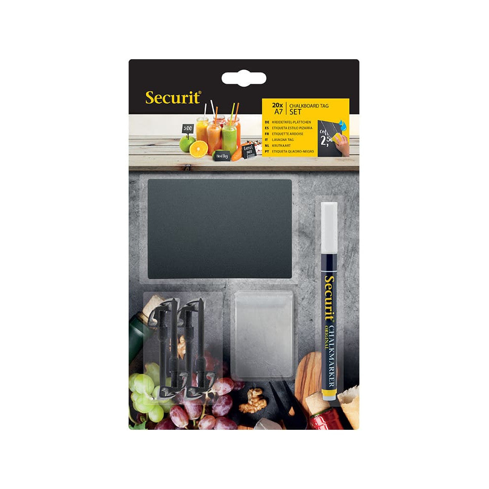 Securit® Kreidetafel TAGs A7 Schwarz, inkl. 1 Securit® Kreidestift, 4 Spikes und 4 transparenten Haltern, 20er Set