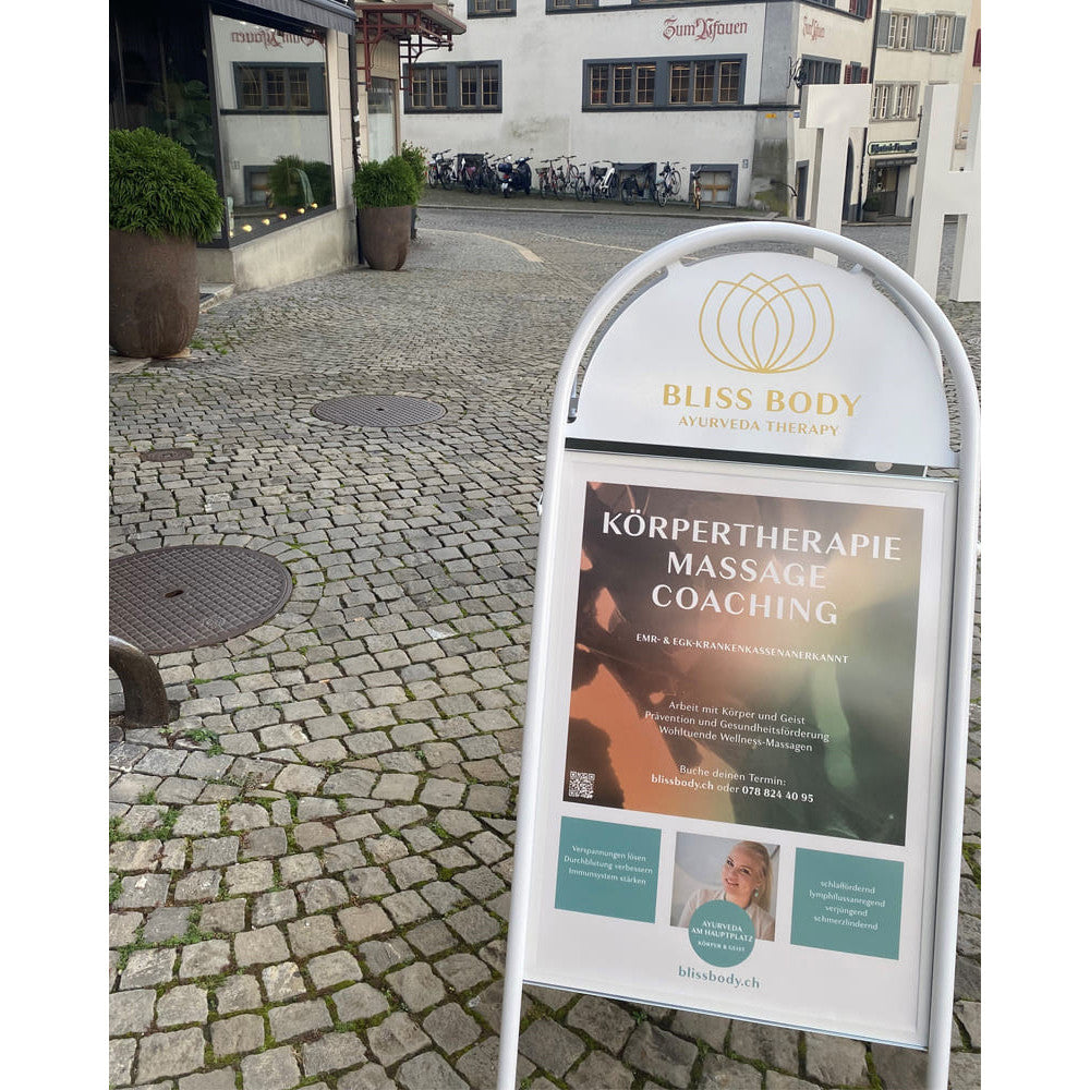 Kundenstopper Stahlrohr Classic mit Logoschild rund, Outdoor