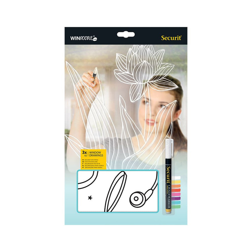 Securit® Fensterschablonen "Windoodle", Format: A2, Thema: Music, inkl. 1 Securit® Kreidestift, 3er Set