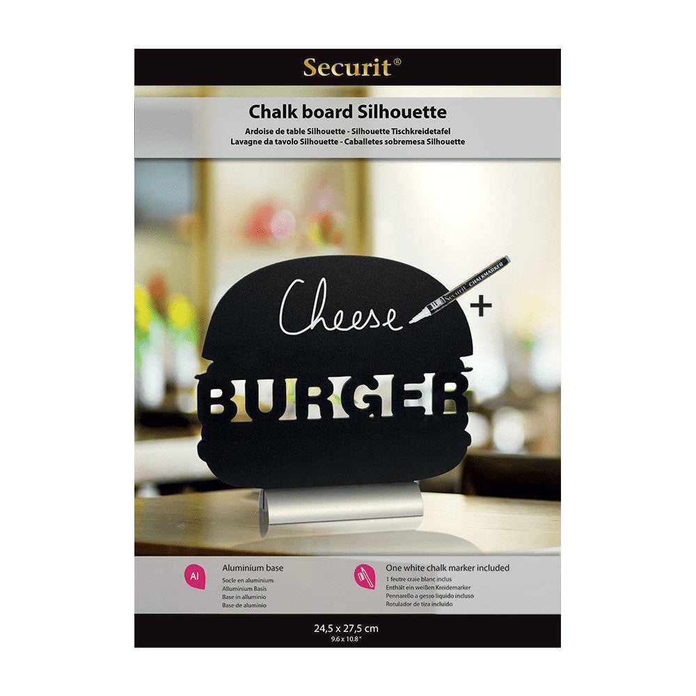 Securit®, Tischkreidetafel Aufsteller mit Aluminiumfuss, "Burger" Form-Silhouette, 28x25cm