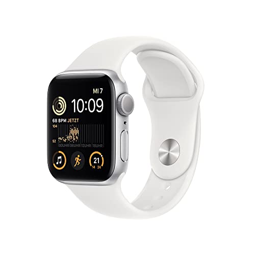 Apple Watch SE (2. Generation) (GPS, 40mm) Smartwatch - Aluminiumgehäuse Silber, Sportarmband Weiß - Regular. Fitness-und Schlaftracker, Unfallerkennung, Herzfrequenzmesser, Wasserschutz