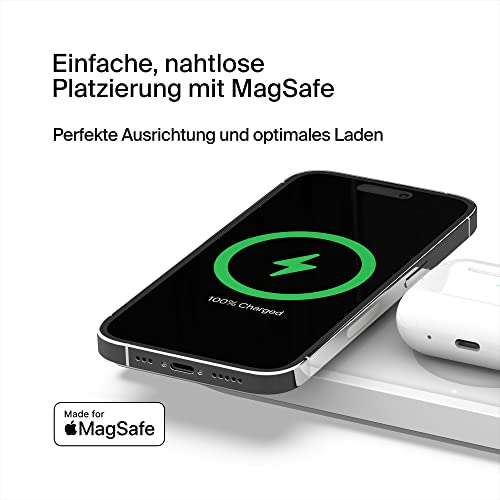 Belkin MagSafe drahtloses 3-in-1-Ladegerät, MFi-zertifiziertes Ladepad für die iPhone 14/14 Plus, iPhone 13 und 12-Serie Pro, Pro Max, mini, Apple Watch 8, 7, 6, Ultra und älter, AirPods 3, 2, Pro