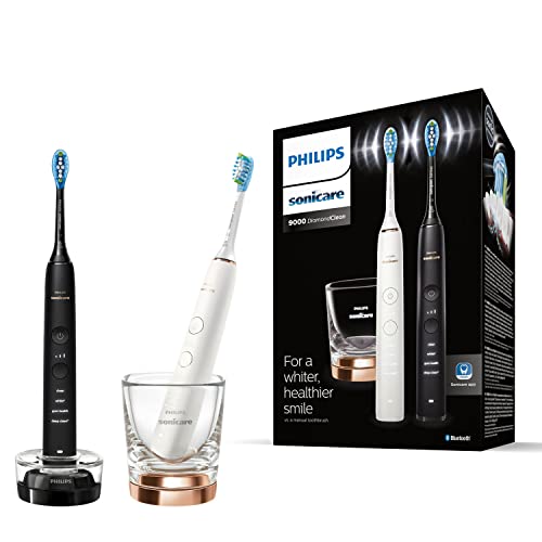 Philips Sonicare DiamondClean 9000 Elektrische Zahnbürste Doppelpack - 2 Schallzahnbürsten, 2 Ladegläsern, 2 Premium Bürstenköpfe, neue Generation, schwarz & rosé-gold (Modell HX9914/57)