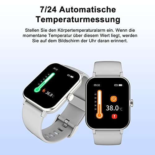 IOWODO Smartwatch Damen Herren 1,69'' Uhren IP68 Wasserdicht Fitnessuhr Tracker mit Pulsschlag SpO2 Schrittzähler Temperatur Schlafmonitor 25 Trainingsmodi Smart Watch für Android iOS (Grau)