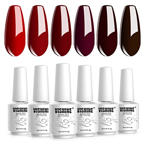 Vishine 6 x Gel-Nagellack, semi-permanent, Serie Dunkelrot, Burgunderrot, Soak Off, UV, LED, Gel, Polish für Nail Art