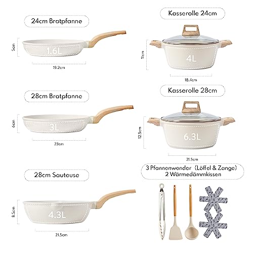 CAROTE Topfsets Pfannenset 12-Teilig,Pfanne 24,28cm,Topf 4/6.3L,Tiefe Bratpfanne 28cm,Antihaft-Beschichtung mit Deckel,Kochgeschirr-Set,Induktionspfanne