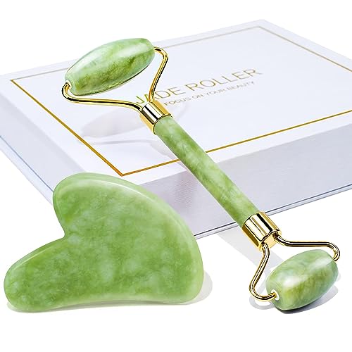 BAIMEI Gua Sha und Face Roller Tool, Jade Roller Gesichts- und Nackenmassagegerät, Gua Sha beruhigt und entspannt die Haut, verbessert Augenschwellungen