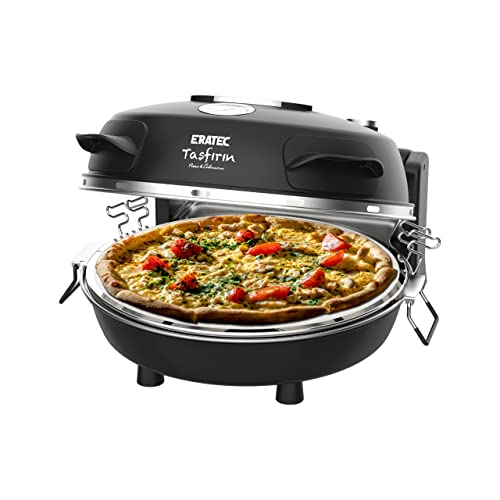 ERATEC - Pizzamaker SET PM-27. Elektrischer Pizzaofen für innen & außen. Tisch-Ofen bis zu 400°C, Platz für große Pizza. Inhalt: Mini Backofen Schwarz inkl. Zubehör: Pizzaschieber und Pizzaschneider