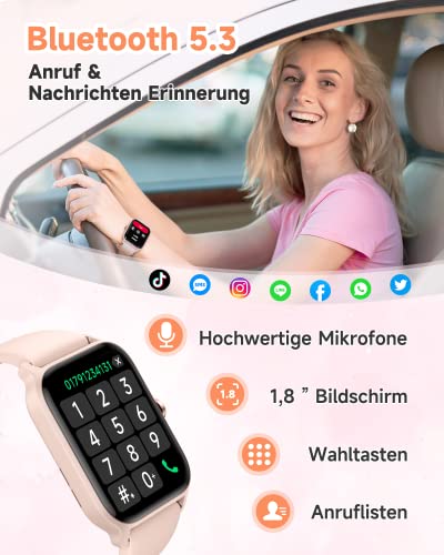 Smartwatch Damen mit Telefonfunktion 1.8" Alexa Integriert Herren Fitnessuhr 100+ Sportmodi, Pulsmesser SpO2 Stress Ein-klick Messen, Schlafmonitor, IP68, Sport Auto Identifizierung für IOS/Android