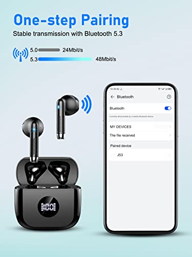 Bluetooth Kopfhörer, In Ear Kopfhörer Bluetooth 5.3 Kopfhörer Kabellos mit HD Mikrofon, HiFi Stereo Sound Ohrhörer 40 Std Spielzeit Kopfhörer mit USB-C Ladebox, LED Anzeige, IP7 Wasserdicht, Schwarz