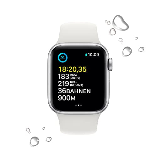 Apple Watch SE (2. Generation) (GPS, 40mm) Smartwatch - Aluminiumgehäuse Silber, Sportarmband Weiß - Regular. Fitness-und Schlaftracker, Unfallerkennung, Herzfrequenzmesser, Wasserschutz
