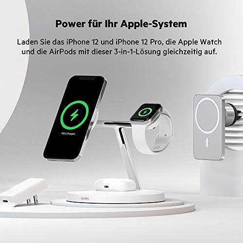 Belkin BoostCharge PRO drahtloses 3-in-1-Ladegerät mit MagSafe für iPhone 14, 13, 12 + Apple Watch + AirPods (lädt iPhone 14-Modelle magnetisch mit bis zu 15 W auf)