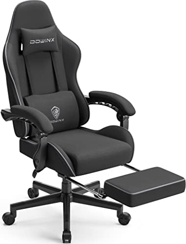 Dowinx Gaming Stuhl Ergonomischer Gamer Stuhl mit Lendenwirbelstütze, Verstellbarer Drehsessel mit Fußstütze (Schwarz)