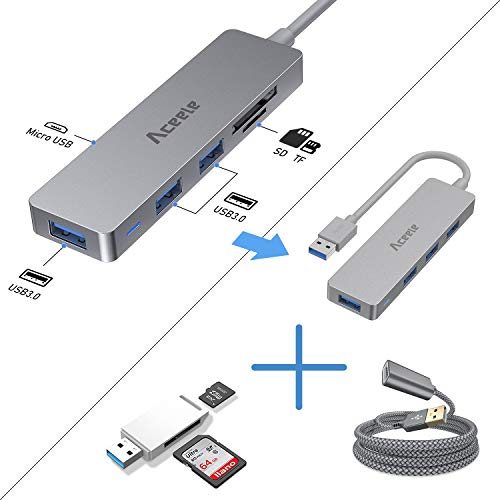 Aceele USB Hub 3.0 mit 1.2 m Kabel, 6-in-1 USB Adapter auf 3 USB 3.0 Extension und SD/TF Kartenleser, geeignet für Laptops, Desktops PC, Xbox und Mac usw (Grau)